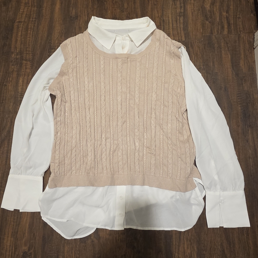 Adrianna Papell Twofer Cable Knit Long Sleeve Top Sweater Size Medium